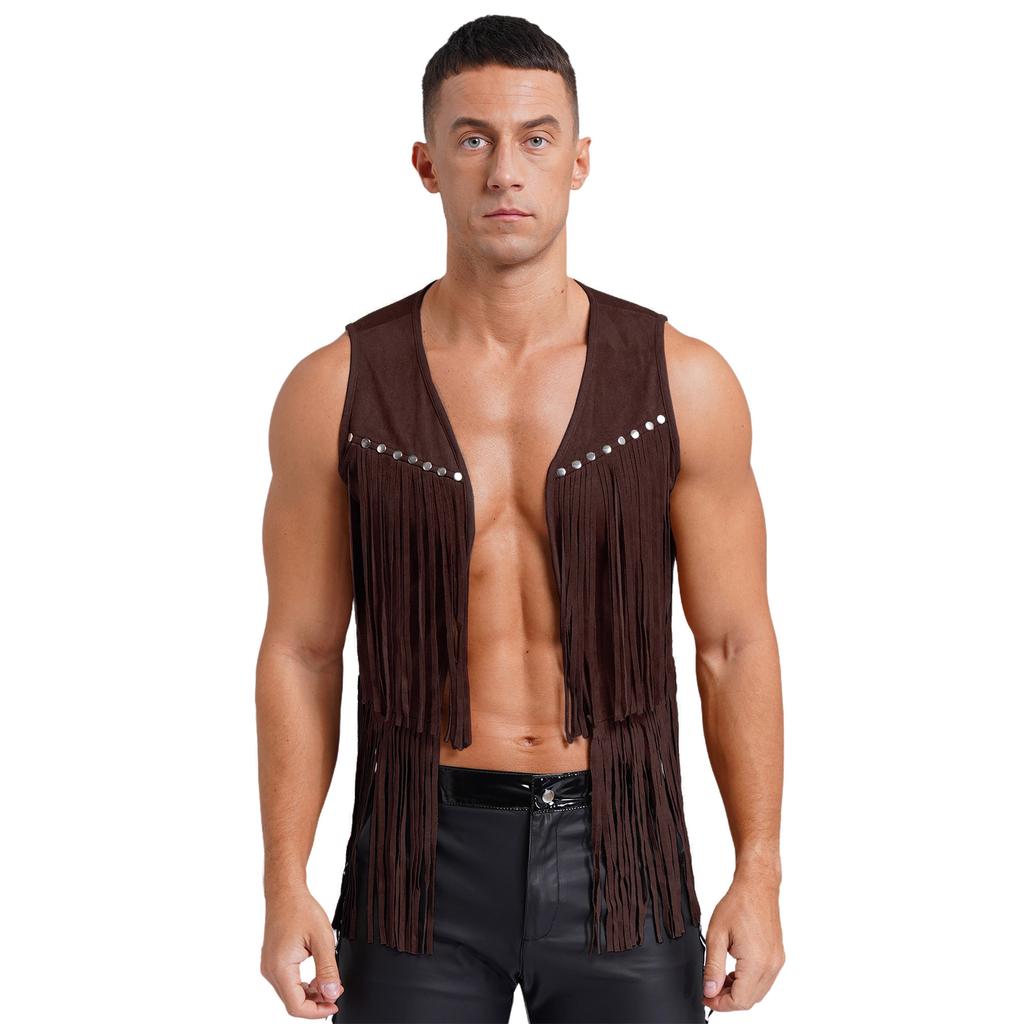 Herren Westliche Cowboy Weste Kunstleder Quasten Design Nieten Fransen Weste Offen Vorne Ärmellose Jacke