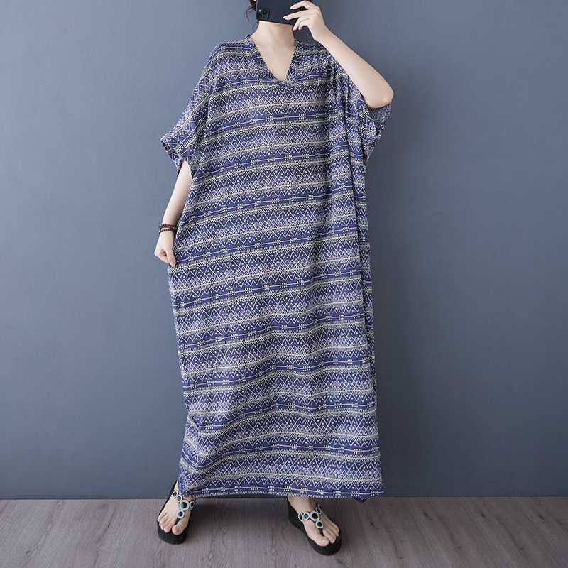 Summer Color Vacation Style Tourism V-neck Retro Long Skirt Cotton Linen Dress