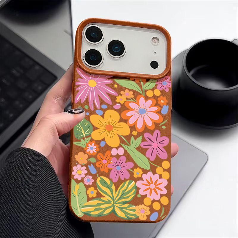 Soft Phone Case For iPhone Air 17 16 15 14 13 12 Pro Max 17 Pro 11 16e Cartoon Flowers Shockproof Leather Texture Silicone Cover
