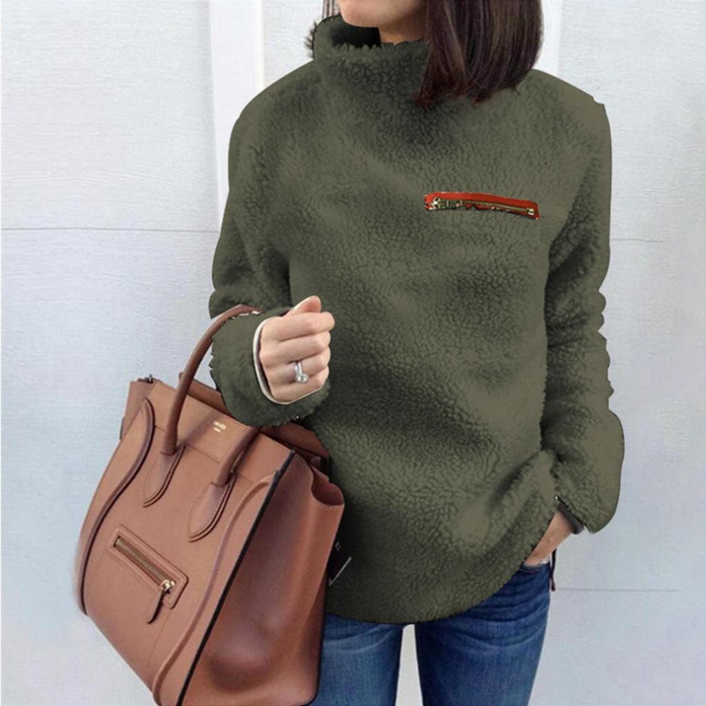 Womens  Solid Color High Collar Sweatshirt Warm Long Sleeve Pullover Tops Plush Fleece Blouse With Zipper