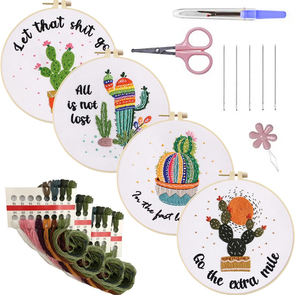 4 Pack Flowers DIY Embroidery Kit with Embroidery Hoop Embroidery Starter Kit 30x30cm for Adult Beginners Gift for Women