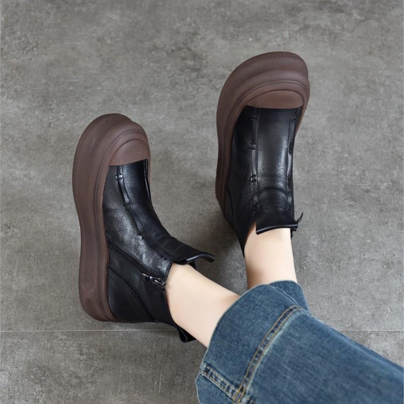 Johnature Versatile Thick Soled Genuine Leather Short Boots Side Zipper Autumn/winter Retro Women's Flat Platform Shoes