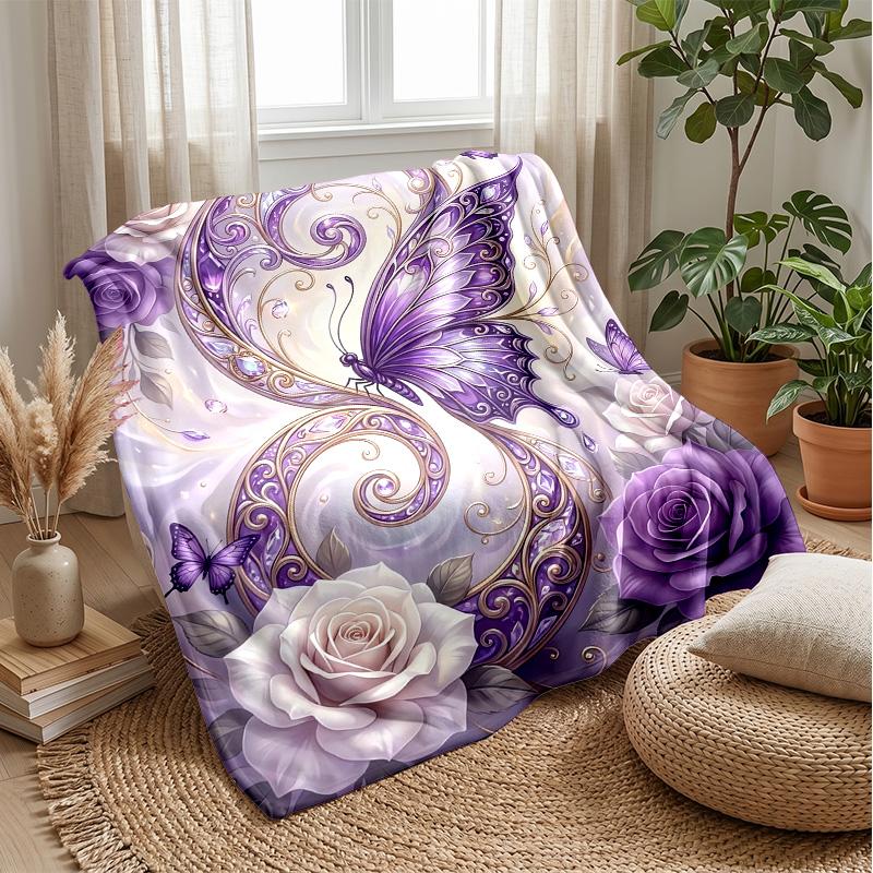 Purple Butterfly and Rose Decor Theme Blanket Lightweight Warm Flannel Blanket Decorative Throw Blanket for Home Decoration