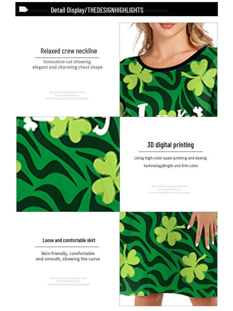 Irish Shamrock Digital Print Long Sleeve Dress - Round Neck, European & American Style