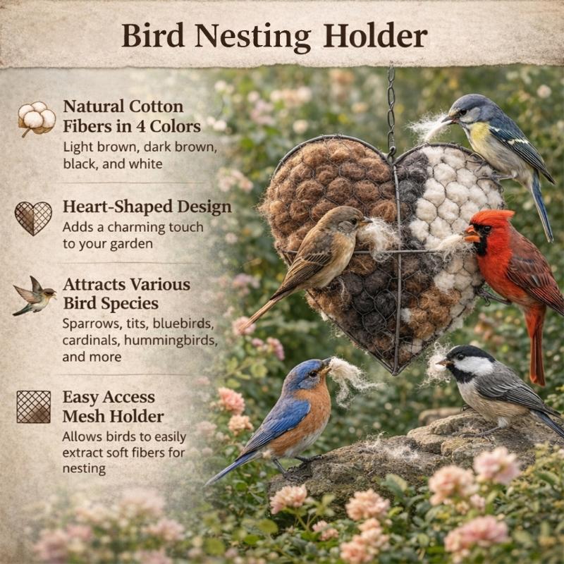 2PCS Refillable Bird House Fiber Fillers In Heart Style Metal Hangers For Lawn And Garden