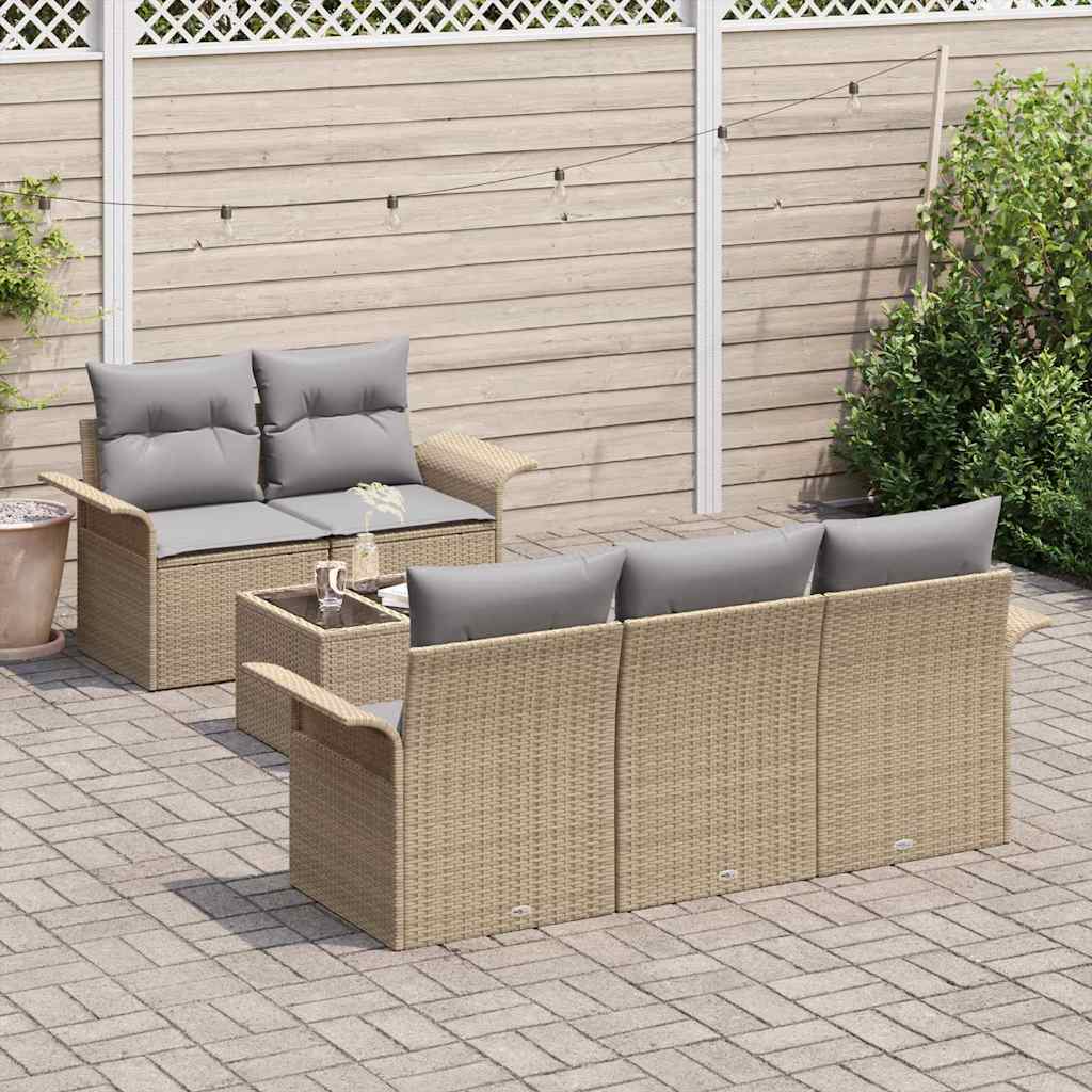 6 Piece Beige Poly Rattan Sofa Set with Cushions