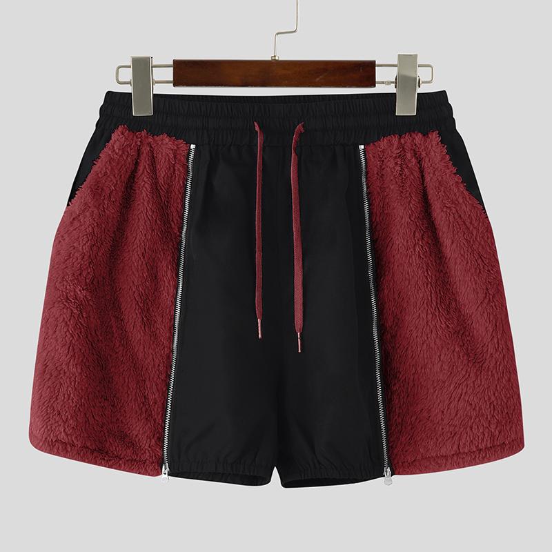 INCERUN Men Drawstring Elastic Waist Furry Patchwork Home Wear Mini Shorts