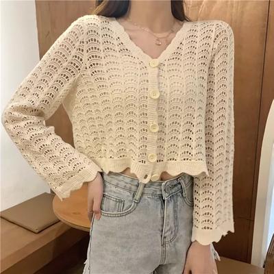 French - Style Simple Hollow - Out Knitted Cardigan for Women Short - Style V - Neck, White Thin Sunscreen Shirt Long - Sleeve Outerwear Top