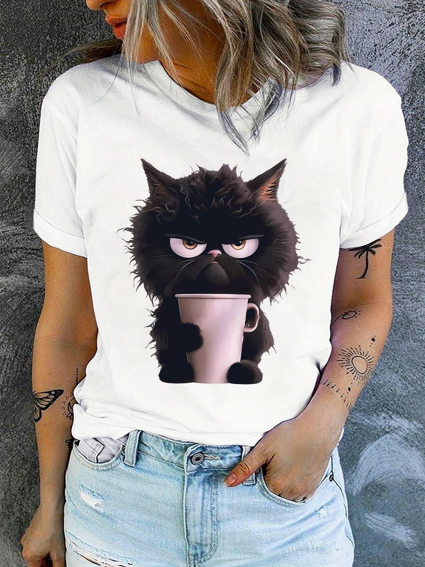 

Злой Эмодзи Кот Женская Летняя Белая Футболка с Принтом Девушка Повседневный Топ с Коротким Рукавом и Круглым Вырезом Для Лета Женская Одежда с Животными CCXX111 S белый
