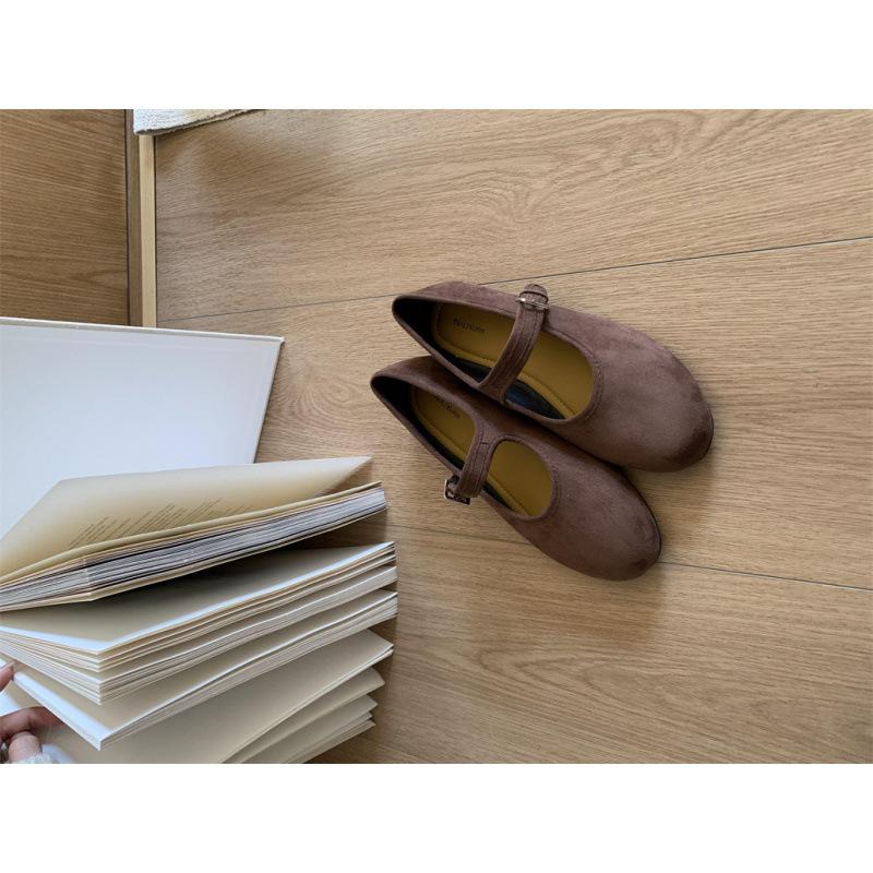Round head light mouth shoes suede ballet single shoes early spring buckle belt Mary Jane flats ladyshoes