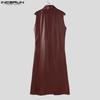 INCERUN Men Stand Collar Sleeveless PU Faux Leather Open Front Casual Long Maxi Cardigan Coats