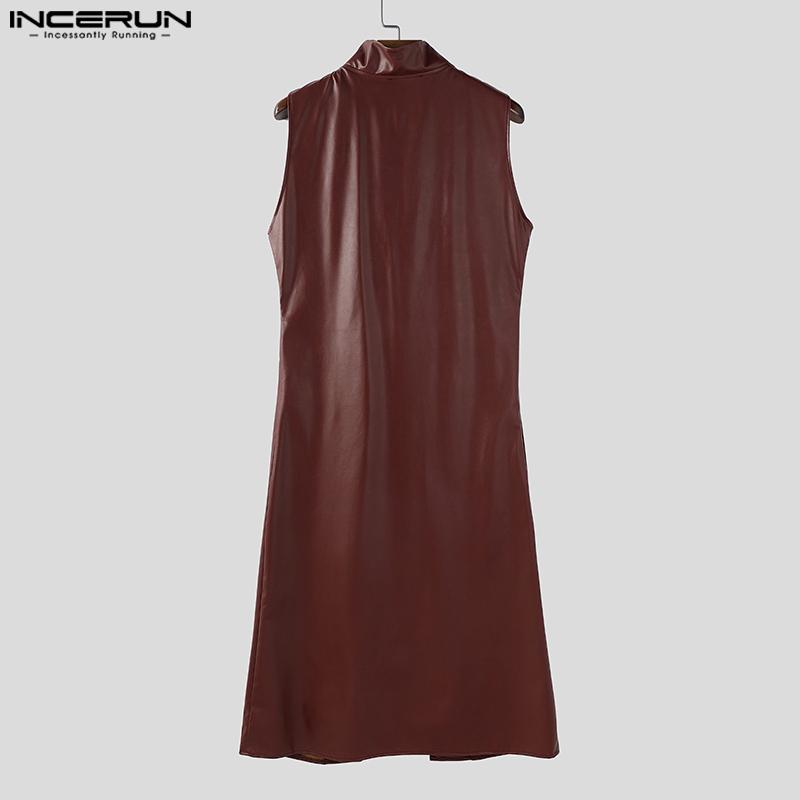 INCERUN Men Stand Collar Sleeveless PU Faux Leather Open Front Casual Long Maxi Cardigan Coats