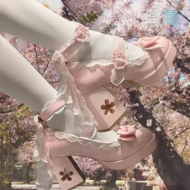 Lovely Girls Lolita Butterfly Knot High Heels Platform Shoes ,Young Women Students Cute Sakura Wedding Dress Mary Janes