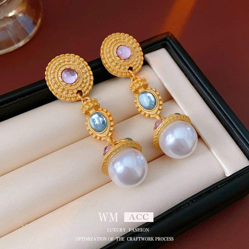 Vintage Silver Pearl Stud Earrings - Elegant Light Luxury Court Style