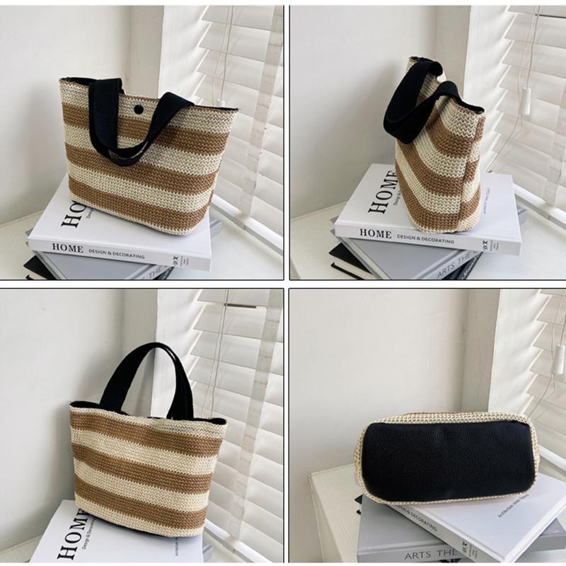 Summer Stripe Straw Bag Dam Casual Liten Väven Handväska Stor kapacitet Handgjord Strandrotting Tygväska