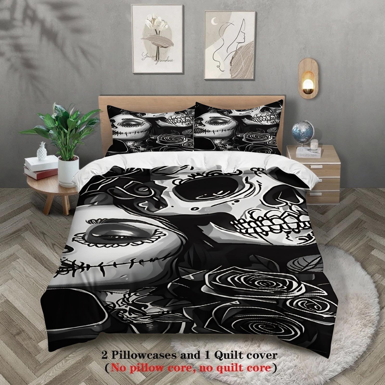 

3pcs Skull And Rose Bedding Sets 3D Printed Black And White Duvet Cover Sets With Pillowcases No Filling AU Single(140x210cm)
