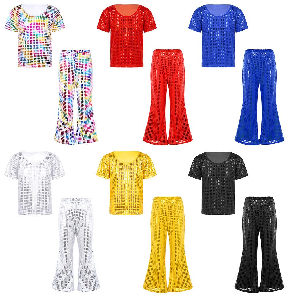 Kids Boys Girls Sequined T-Shirt Elastic Waist Flared Pants Stage Performance Glitter Outfit