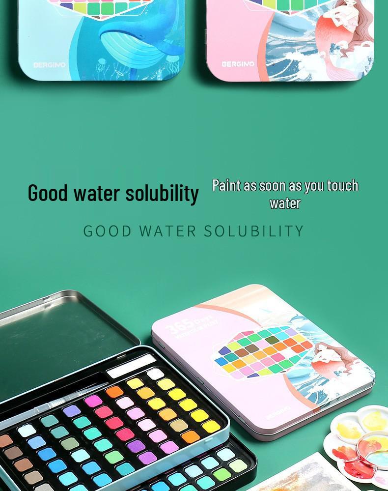 48 Tin Box Solid Watercolors & Brushes Kit - 60 Unique Colors for Beginners