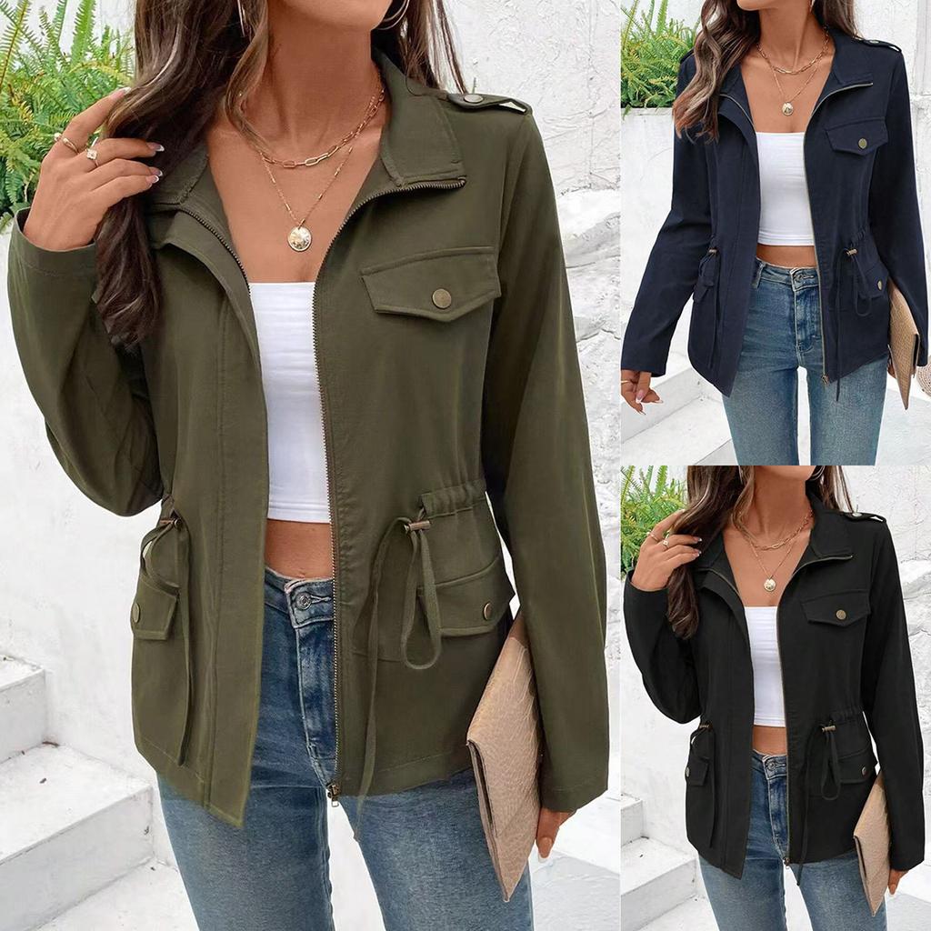 Women's Solid-Color Fashionable Casual Drawstring Waist Long-Sleeve Jacket For Fall/Winter