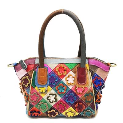 Taška z pravé kůže, Evropská a Americká dámská taška, Ležérní Retro Barevné Kontrastní Květinové Splicing, Jednoramenná Crossbody Kabelka