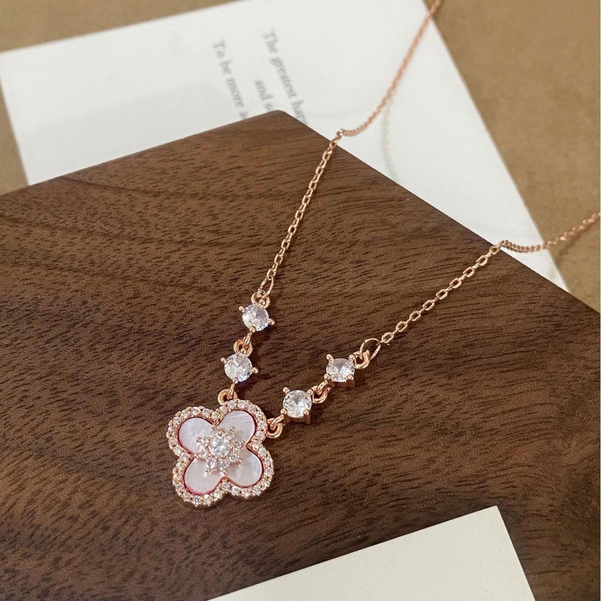 Exquisite French Rose Gold Flower Zircon Pendant Necklace