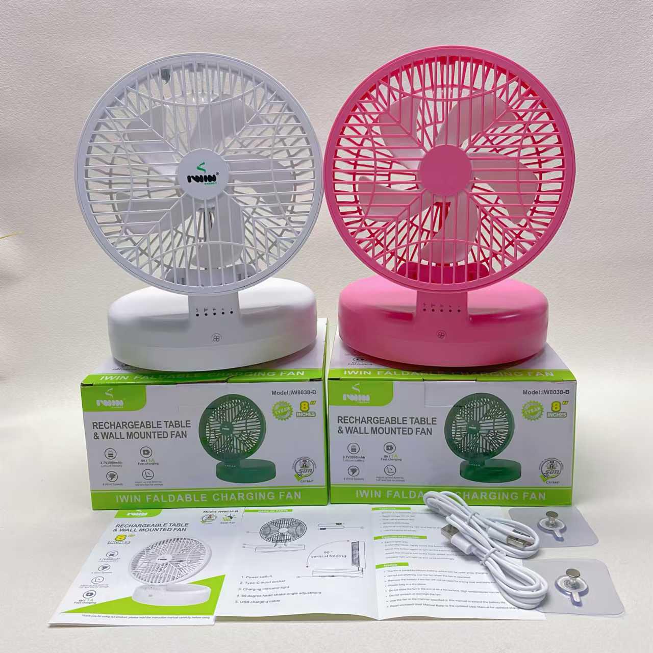 IWIN IW8038-B Foldable USB Fan, Silent Portable Desktop & Wall-Mounted Retractable Fan.