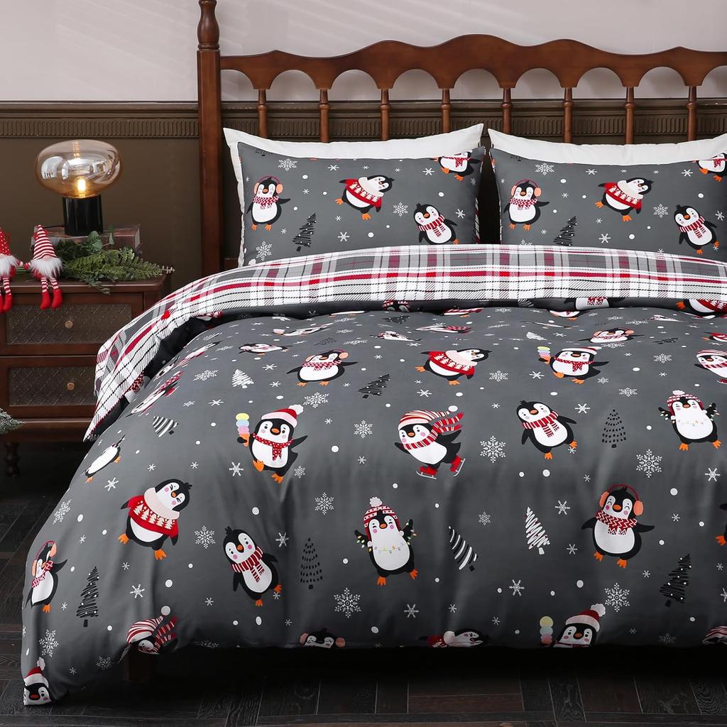 Christmas Duvet Cover Set 3 Pieces Penguin Snowflakes Xmas Tree Bedding Set Grey Reversible Plaid Comforter Set