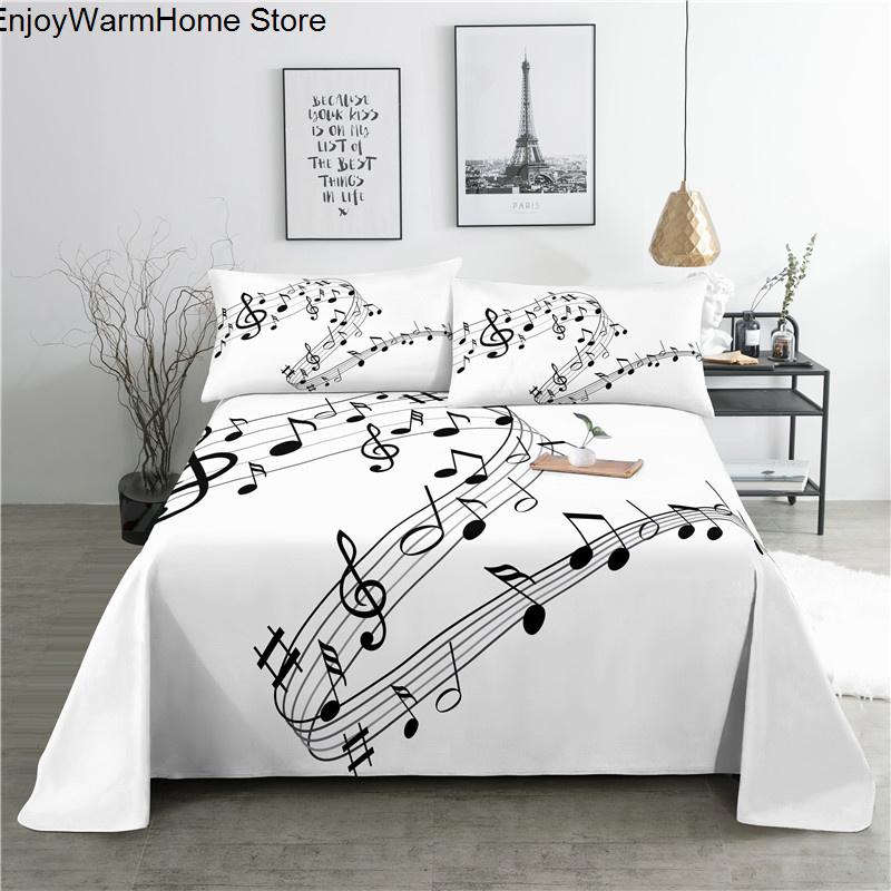 fashion Music Sheet Set Piano Keyboard Music Note Printed Bed Flat Sheet With Pillowcase Polyester Bedding