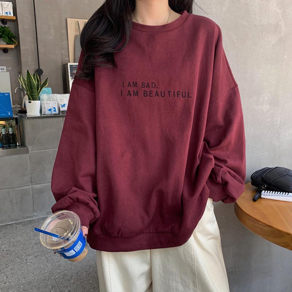 Women Letter Printing Round Neck Long Sleeve Hoodie Sweatshirt Fashion Ladies Streetwear Slouch Pullover Jumper Tops