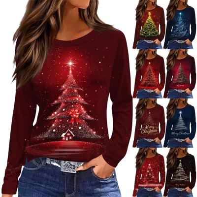 Women's Fashion Casual Slit Hem Round Neck Long Sleeve Loose Christmas Printed T-Shirt Ladies Top