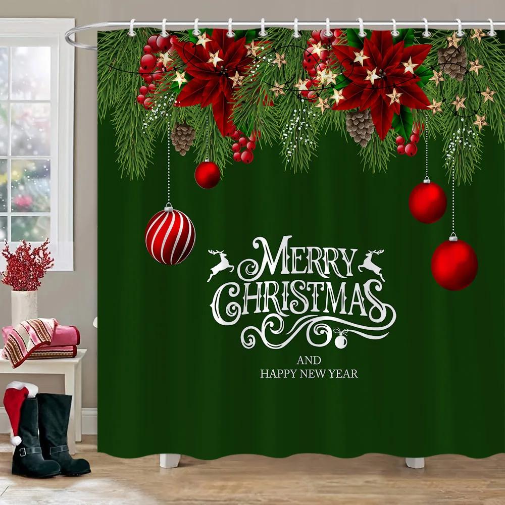 Christmas Theme Shower Curtain Winter Snow Christmas Tree Deer Rustic Wooden Panel Fabric Washable Shower Curtain Bathroom Decor