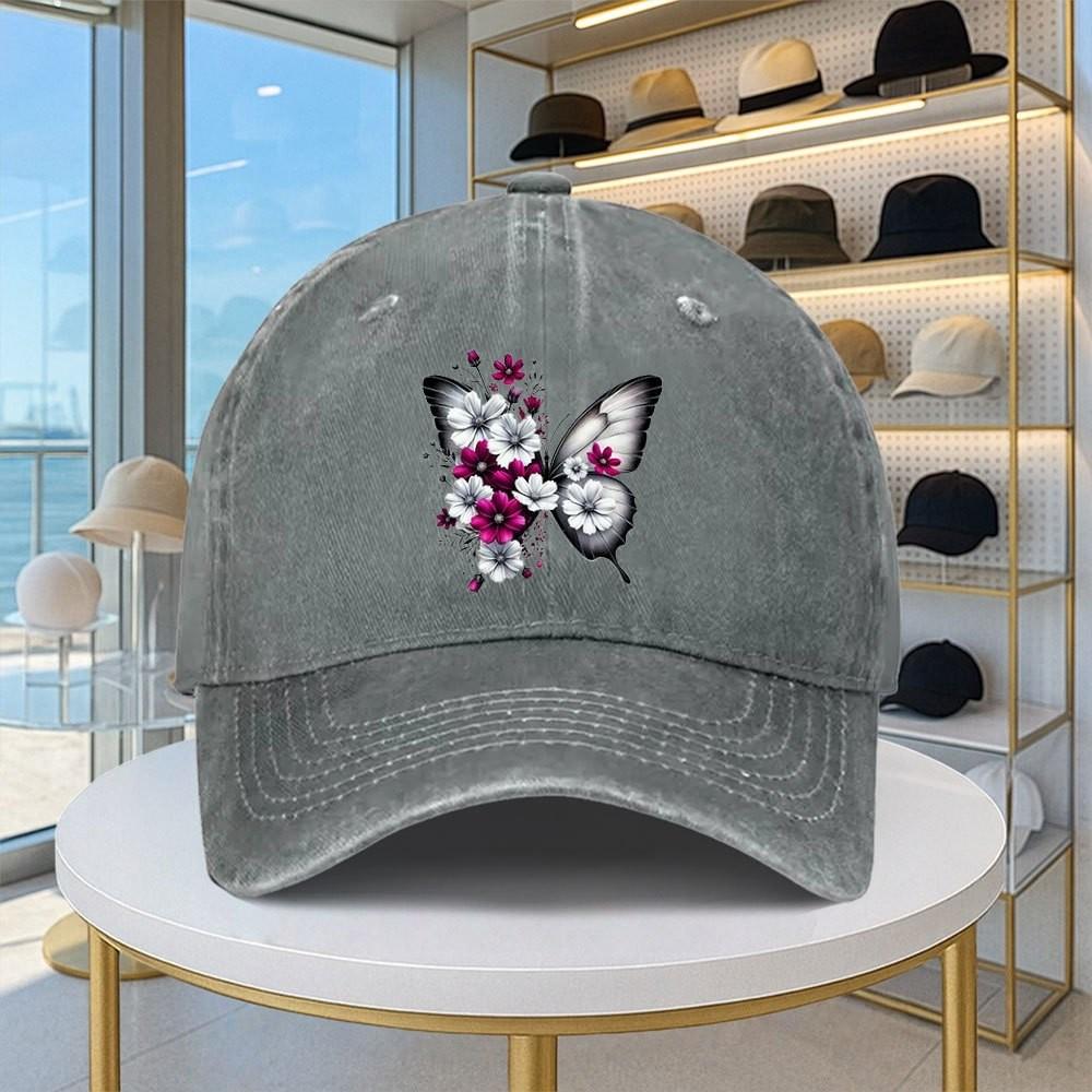 Butterfly Floral Baseball Cap Washed Denim Adjustable Print Vintage Casual Duckbill Hat Unisex