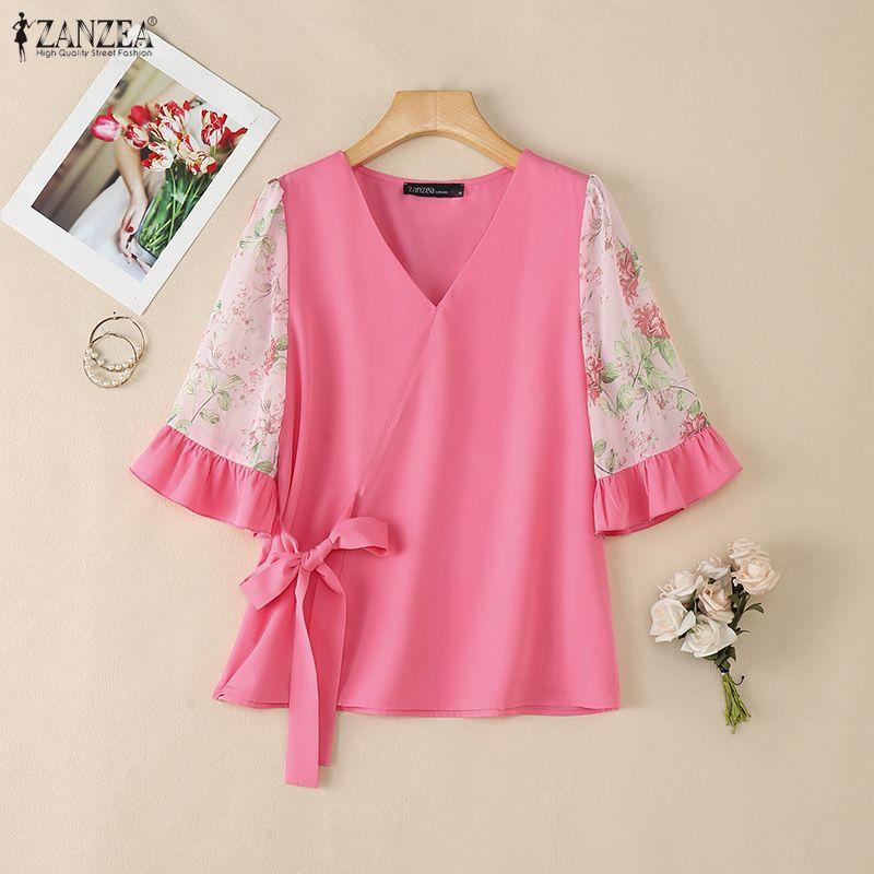 ZANZEA Women Casual V-Neck Loose Splice Half Sleeve Blouse