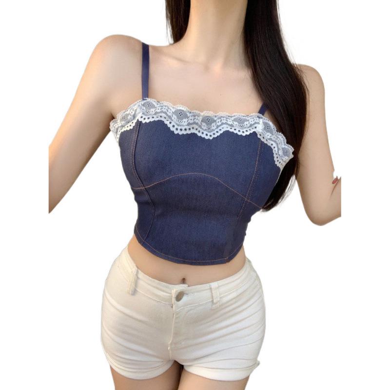 Hong Kong Retro Spliced Lace-Trim Denim Bustier Top for Women