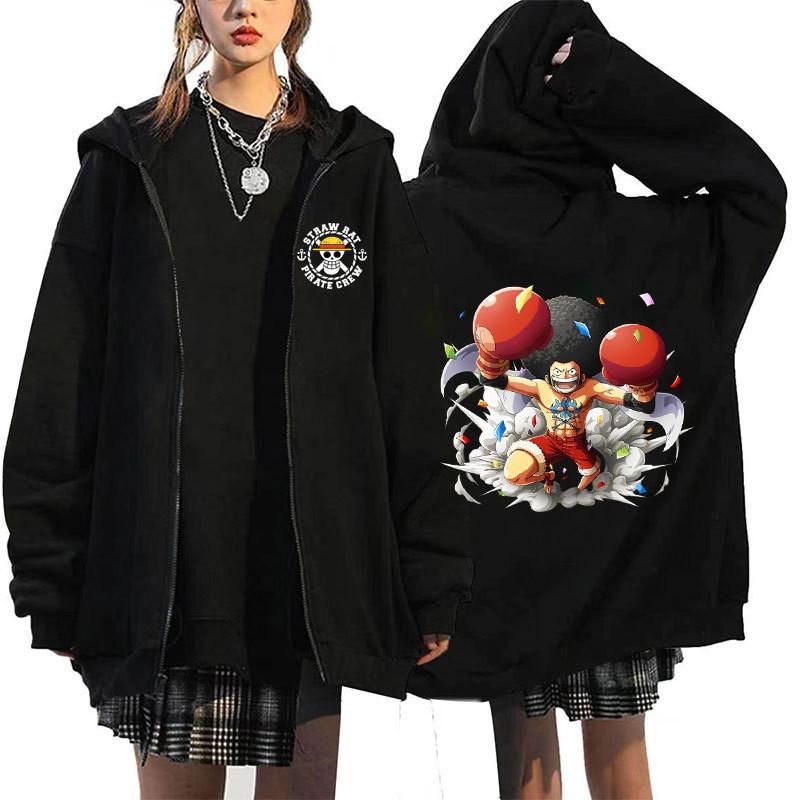 Mens Oversized Hooded Zip-Up Sweatshirt With One Piece Anime Print Plus Size Fleece-Lined Casual Jacket Fall