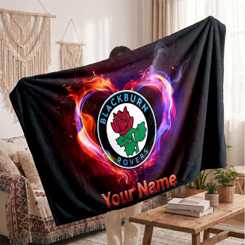 Blackburn Rovers FC Personalized Fleece Blanket With Football Logo, Custom Name Text Soft Warm Home Throw Blanket