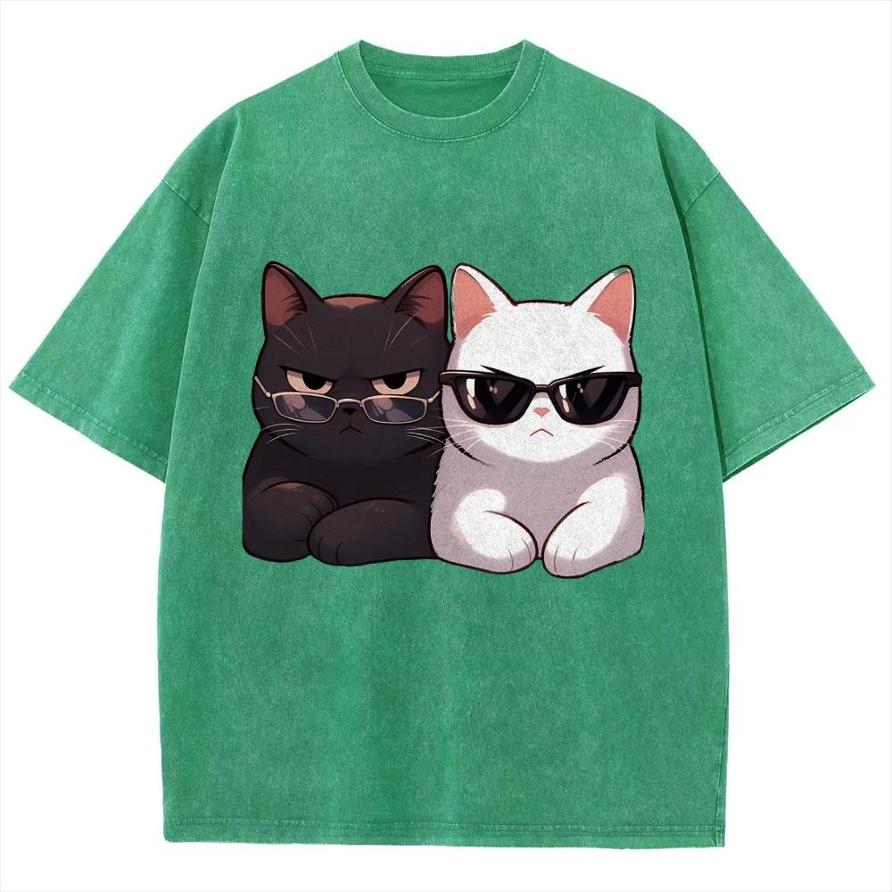 

Черно-белая мультяшная кошка графический принт женская футболка унисекс свободная стирка хлопок короткий рукав летний милый топ S