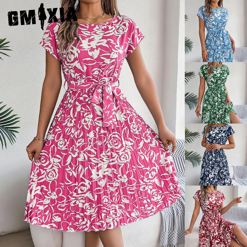 GMXIA Spring Summer Elegant Floral Short-sleeved Wide-swing Pleated Dress for Women's Wear