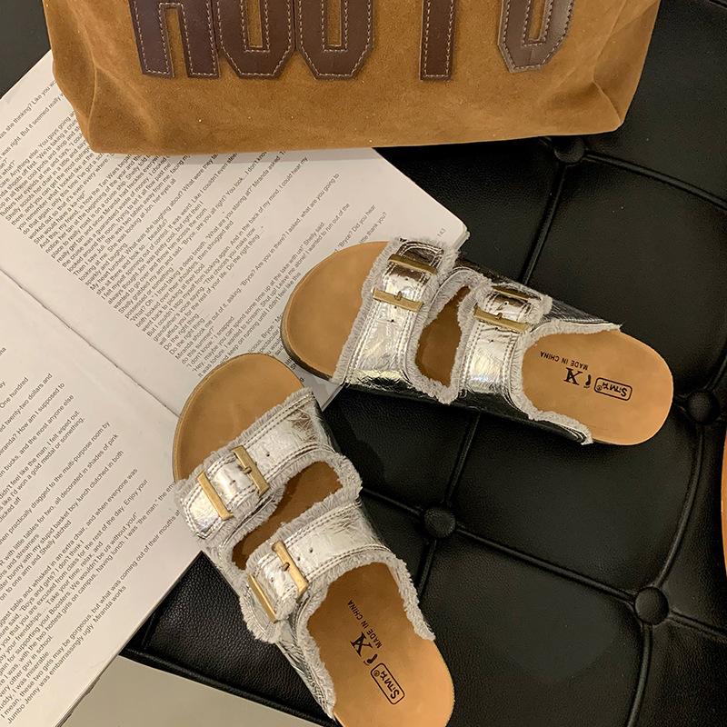 Cowhide Version Thick-soled One-word Boken Slippers for Women To Wear 2025 Summer New Models, Seaside Beach Lazy Cool Slippers