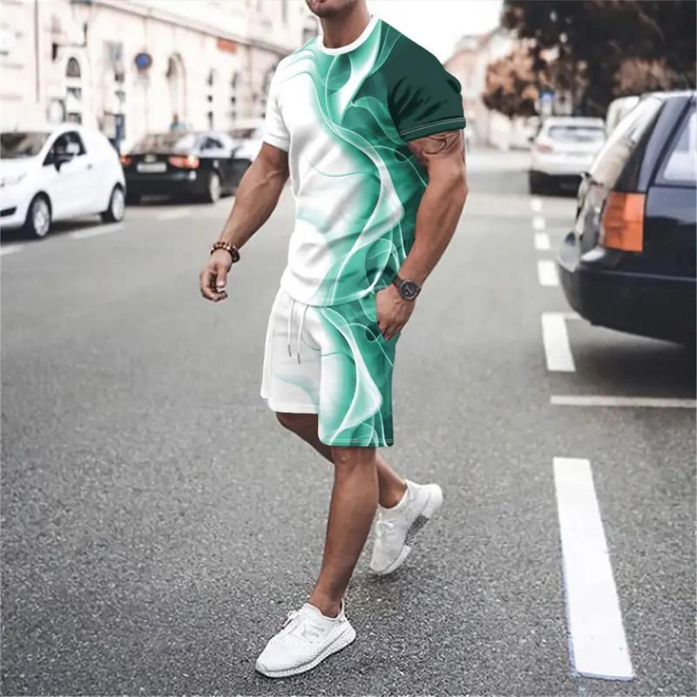 New Gradient Texture T-Shirt Men's Two-Piece Summer New Shorts Suit Fashion 3D Printing Street Casual Sportswear Men's Models