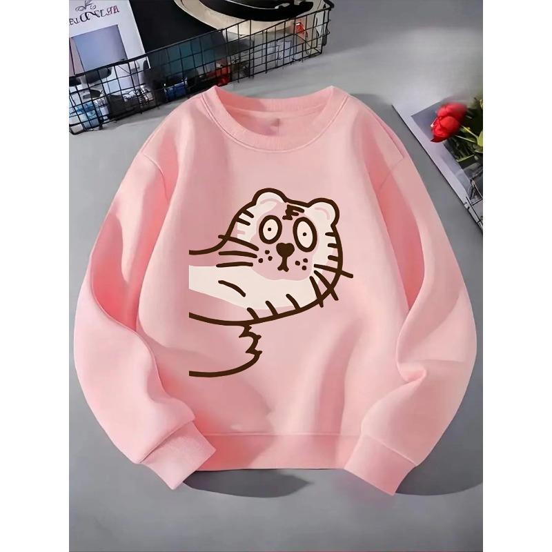 Girls' Crewneck Sweatshirt - Cute Tiger Face with Stripes Machine Washable, Spring And Autumn, Sportswear And Casual Wear