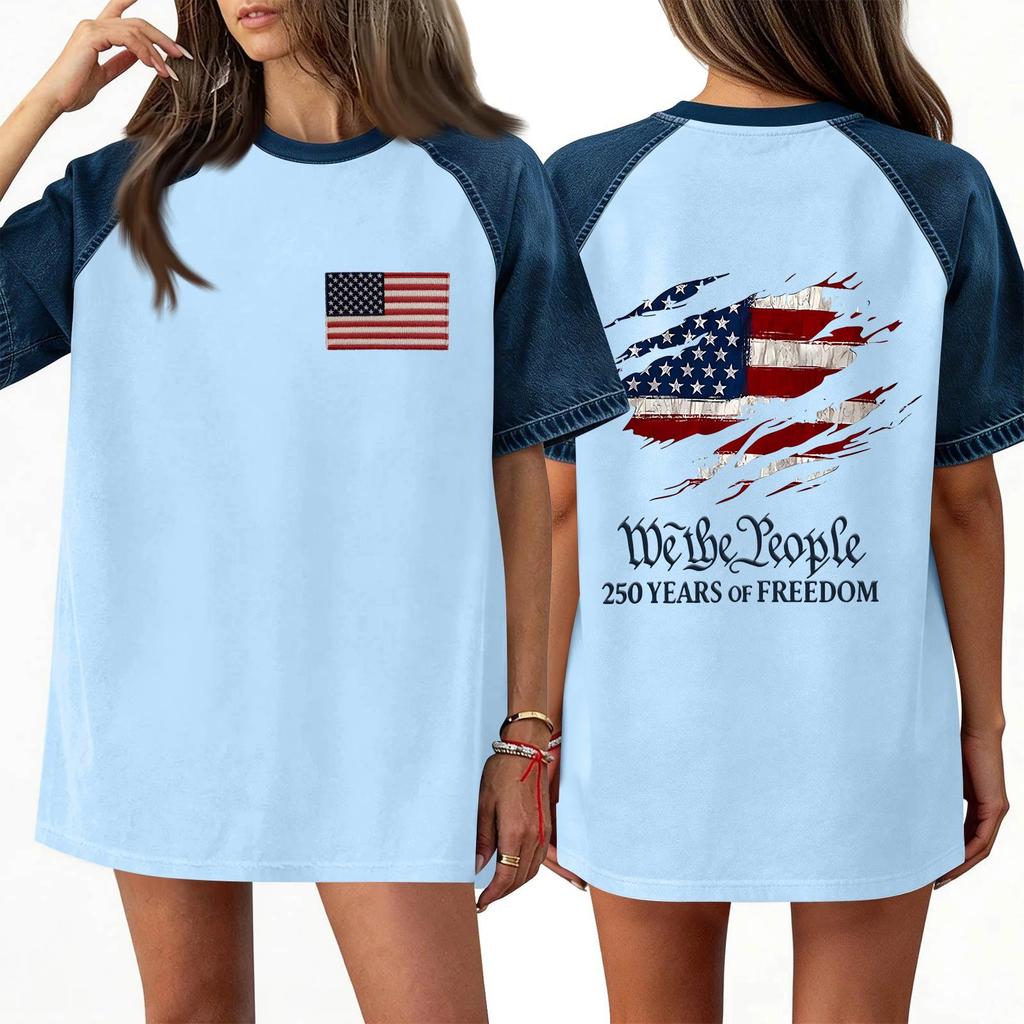 Denim Patchwork Shirts For Women Stand Collar Casual Blouse Short Sleeve Comfy Tshirt Spring Summer Fashion