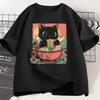 Cute Eating Ramen T-Shirt Women Adorable Graphic Tee Shirt Foodie and Cat Lover Tshirt Animal Printed Tees Top