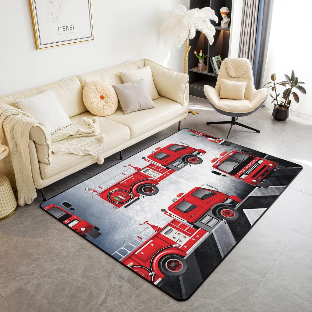 Firefighting Truck Area Rug, Fire Truck Carpet for Teen Boys, Cartoon Emergency Rescue Vehicle Floor Mat for Living Room Bedside