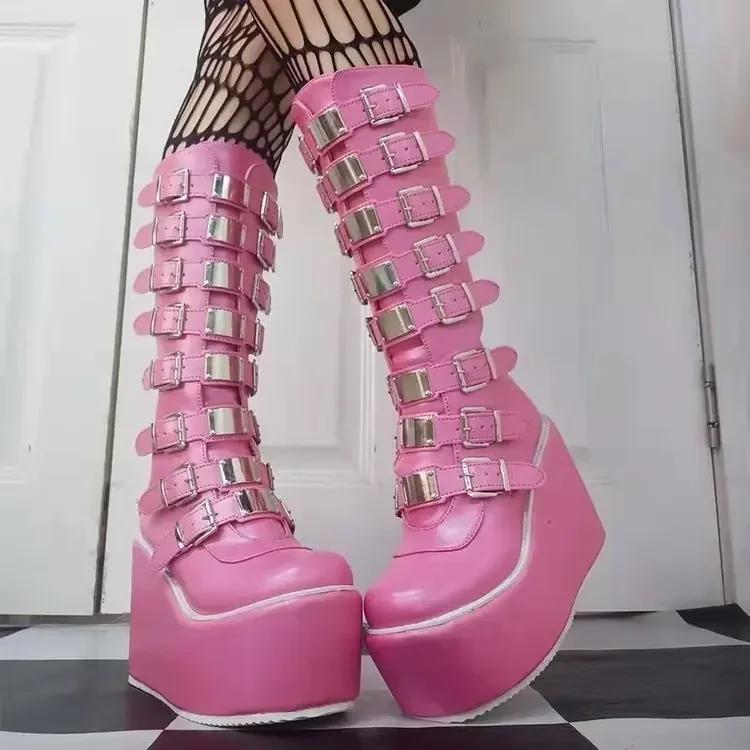 Women Boots Cosplay Ladies High Heel Platform Wedges Women High Boots Gothic Buckle Strap Long Tube Leather Female Boots Plus Si