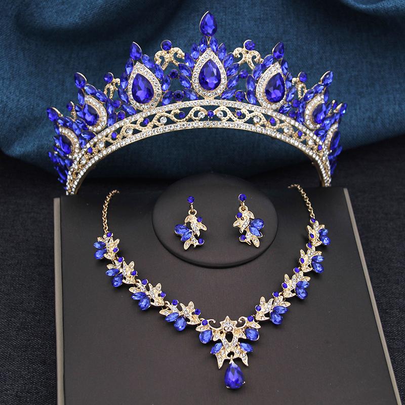 Vintage 3 Pcs Bridal Crown Sets Royal Queen Princess Tiaras and Necklace Set Wedding Bride Jewelry Sets Costume Accessories