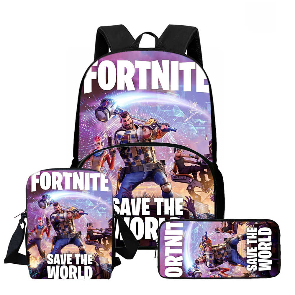 3Pcs Set School Backpack With Front Pocket & Crossbody Bag & Pencil Bag,Cartoon Fortnite For Age 6-10,Lightweight For Boys Girls