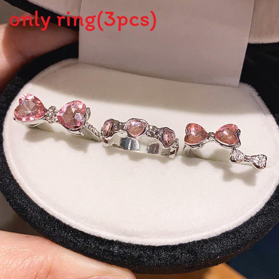 Sweet Style Silver Pink Bow Ring Pack With Rhinestones For Female Wear