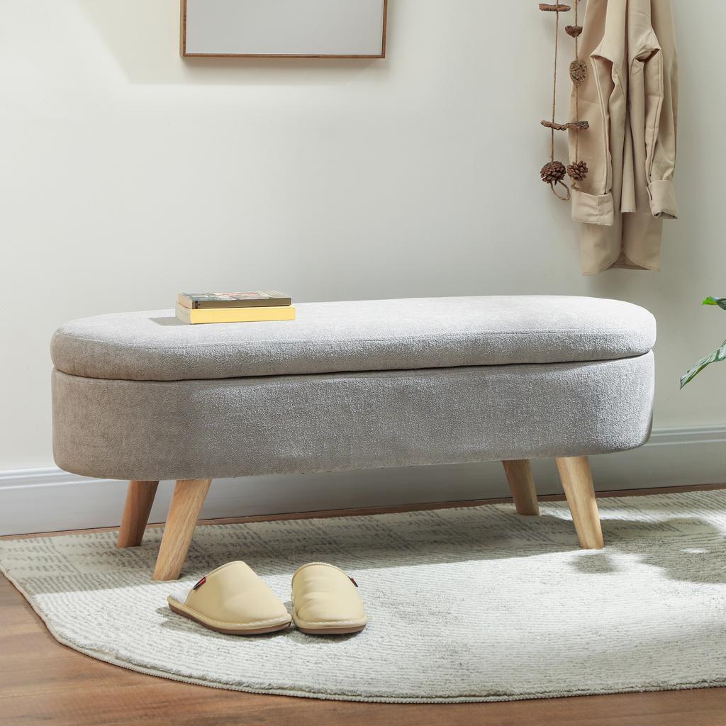 2-in-1 Fabric Storage Bed Bench, Wooden Legs, 110x40x43 cm, Light Grey