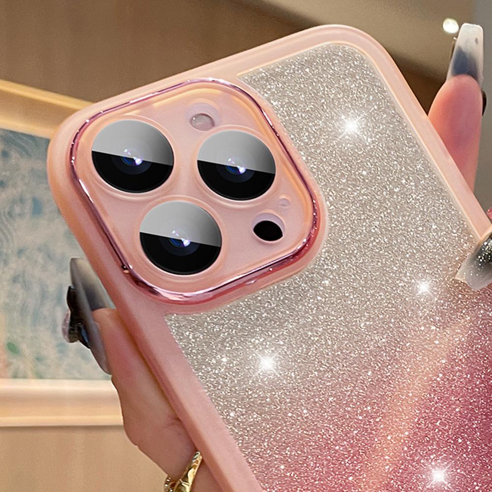 For iPhone 16 Pro Max Case Gradient Glitter Shockproof PC+TPU Phone Cover with Lens Film